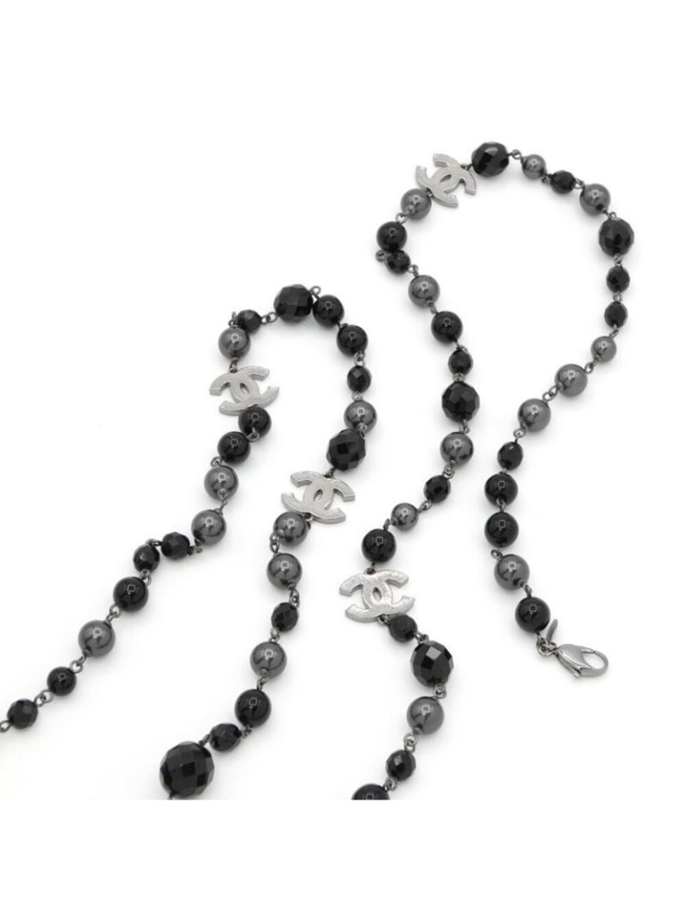 Chanel Pendant Choker Black Silver CC Logo Pearl Long Necklace